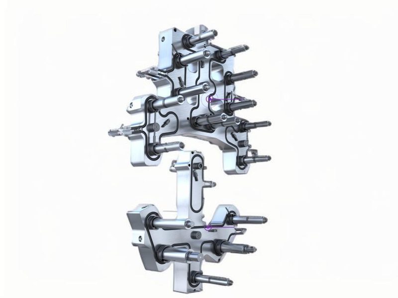Mold parts assembly showing various components