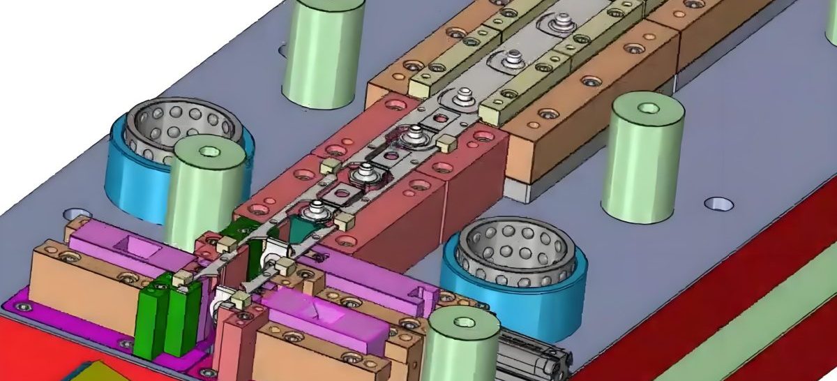 Progressive stamping die showing multiple stations for sequential operations