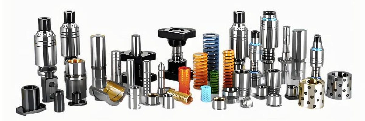 Stamping die locating components showing various pins and guides