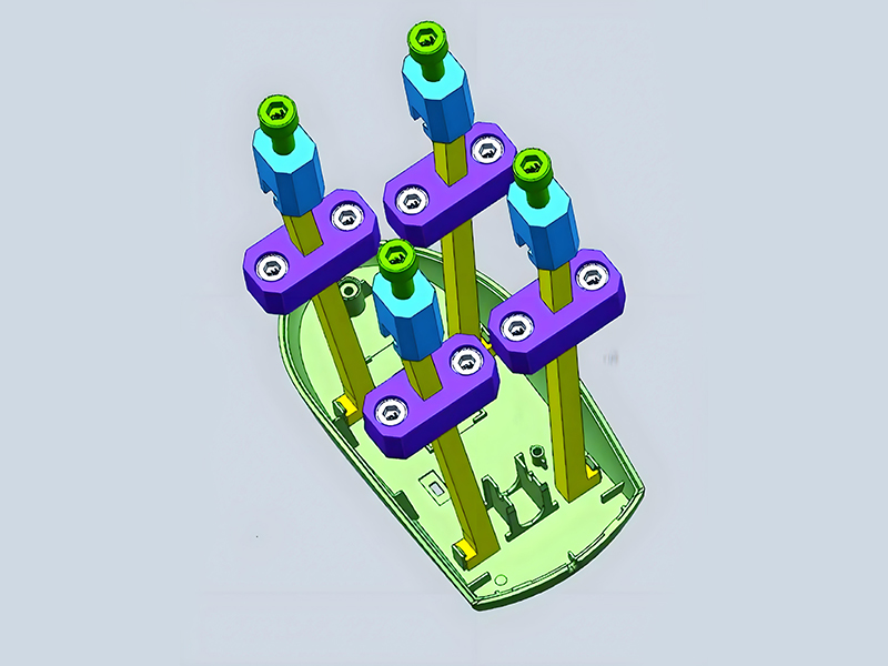 Cross-section of mold components showing various precision holes including guide holes, cooling channels, and threaded holes