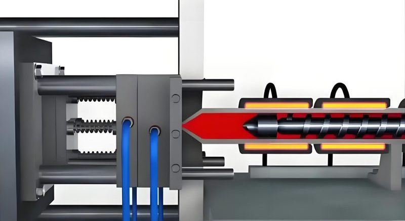 Plastic mold cooling system showing water channels and manifold connections