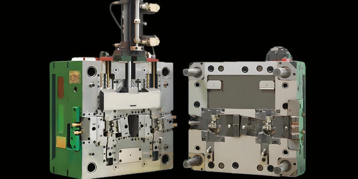 Injection mold cross-section showing all major components and systems
